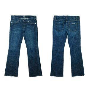 Bebe Dark Denim Twill LowRise Boot Jeans Rhinestone Buttons + Pocket Pin 29W/31L